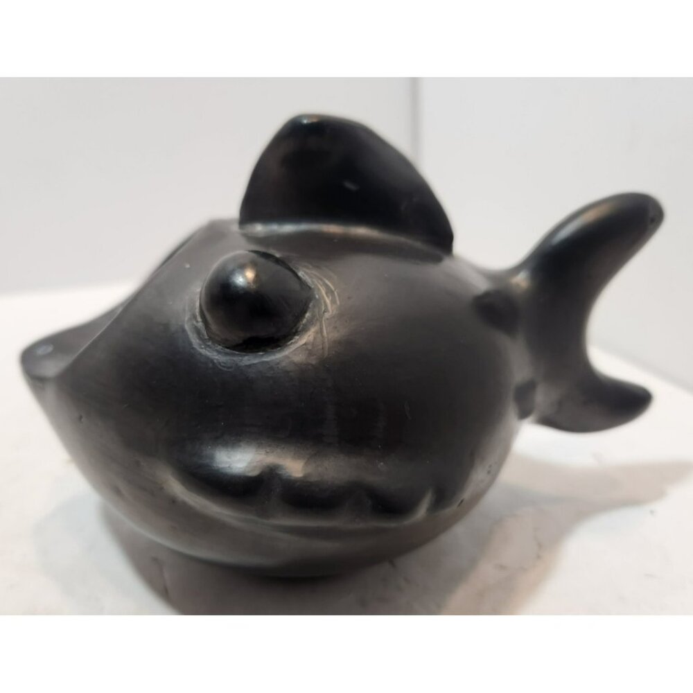 Vtg Black Clay Pottery Lama Oaxaca Mexico Open Mouth Blow Fish Signed 4" by 6"